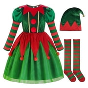 Girls Elf Christmas Kids for Kids Santa Little Helper Kids Christmas Dress Suit for Girls Xmas Holiday Stockings(3-4 Years,Green)